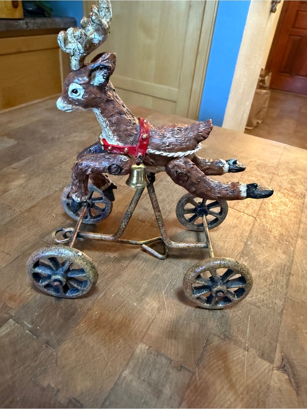 Vintage Folk Art Christmas Reindeer on Wheels Pull Toy Holiday Decor